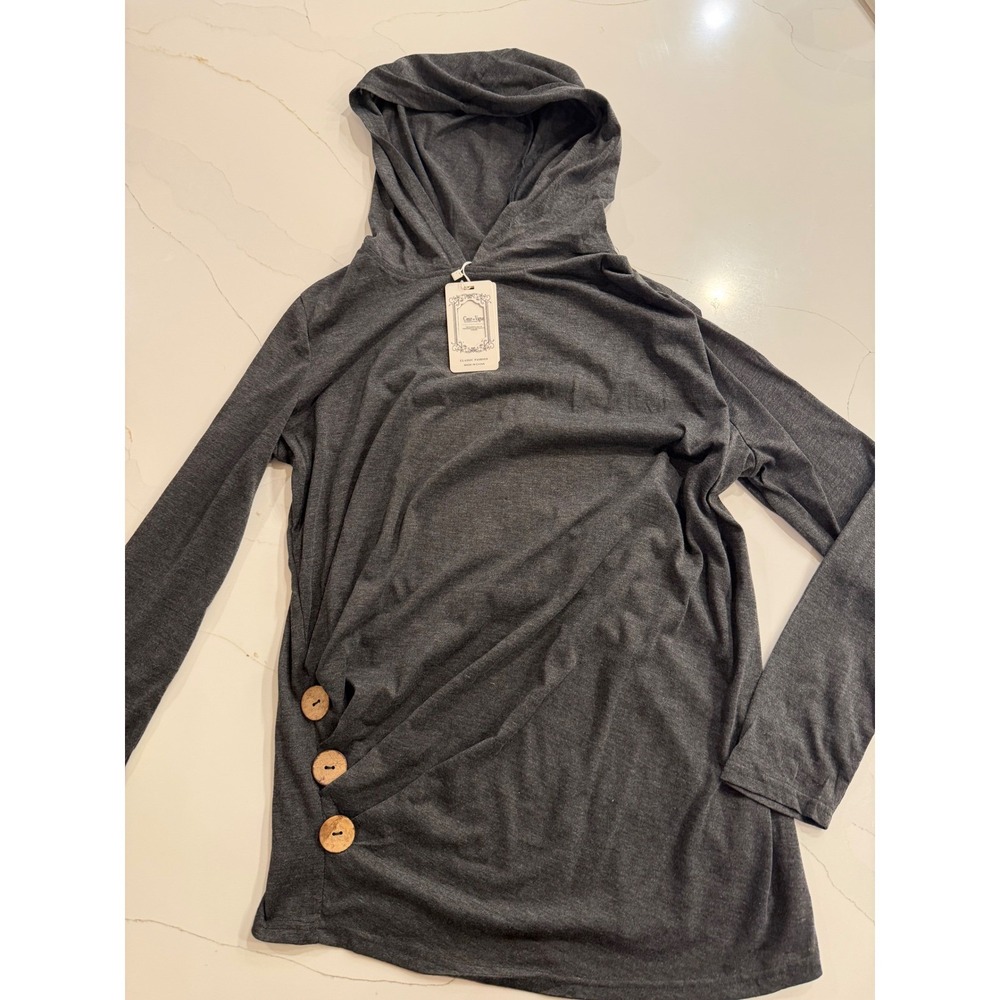Coeur de Vague Women's Charcoal Gray Hooded Tunic Top with Button Detail Size XL
